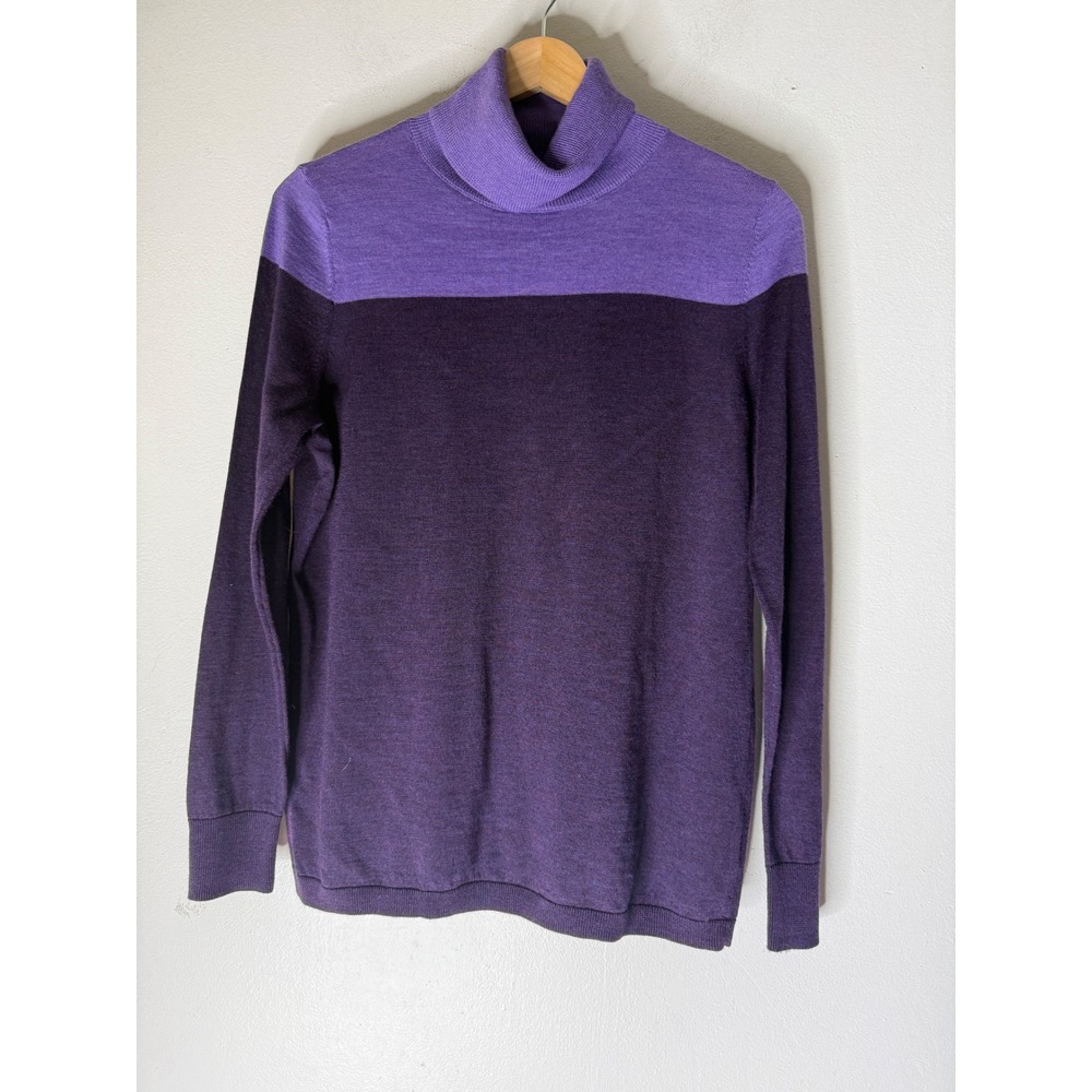 Talbots Petites Purple Colorblock 100% Merino Wool Turtleneck Sweater LP